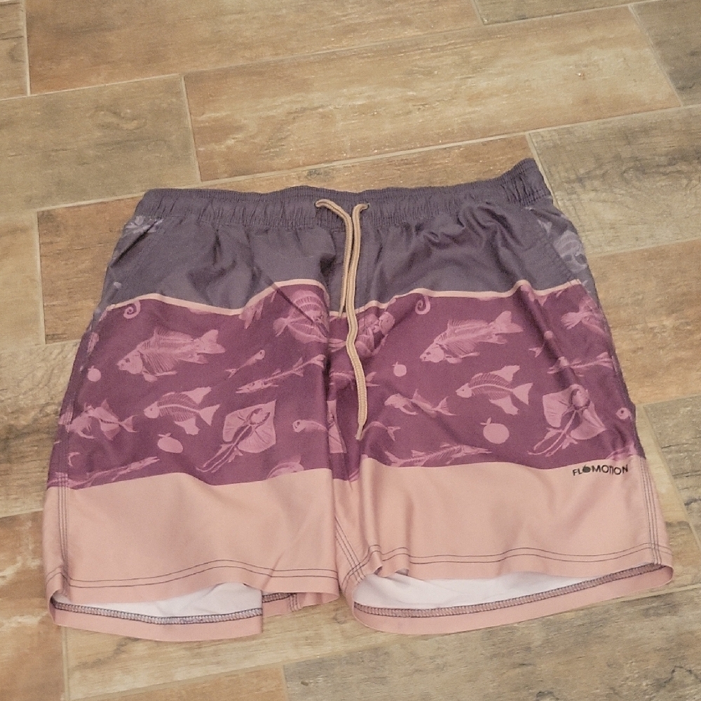 Mens Stylish Purple and Pink Fish Bone Flomotion Swim Trunks Large EUC